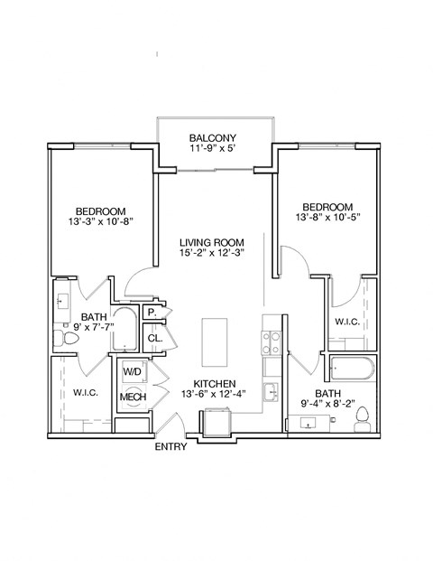 Floor plan for 2 beds, 2 baths, 1042 sqft